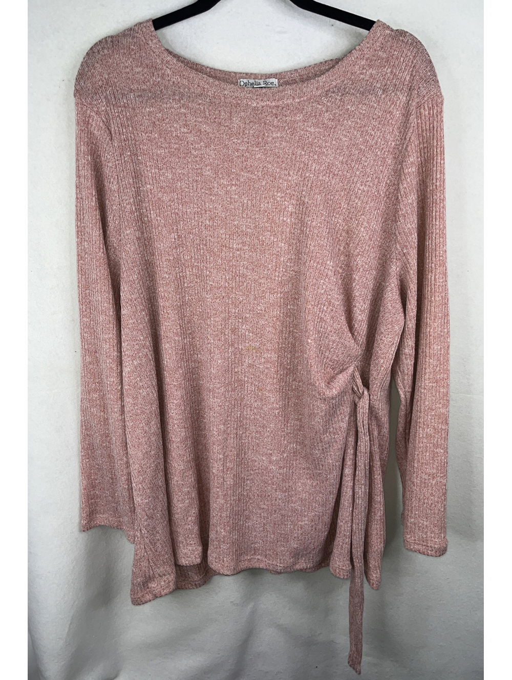 Ophelia Roe Rib Knit Tie Front Shirt Size 3X Pink Long Sleeve Round Neck Stretch